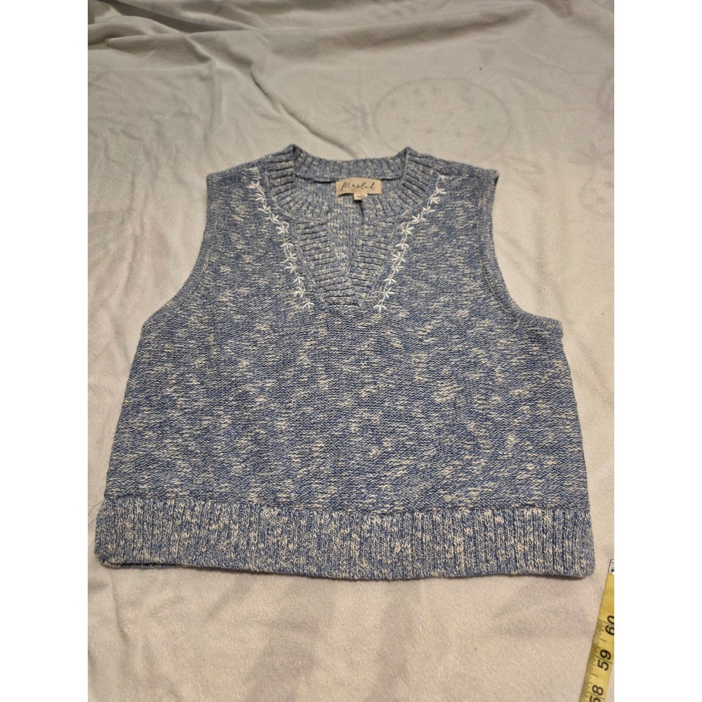 Marled Blue White Knit Sweater Vest Embroidered V-Neck Sleeveless XS